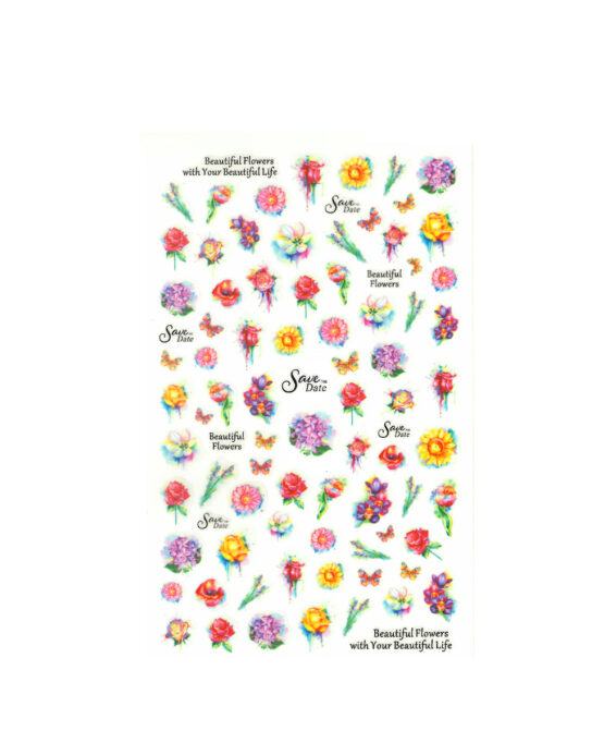 sticker nailart con fiori colorati e scritte