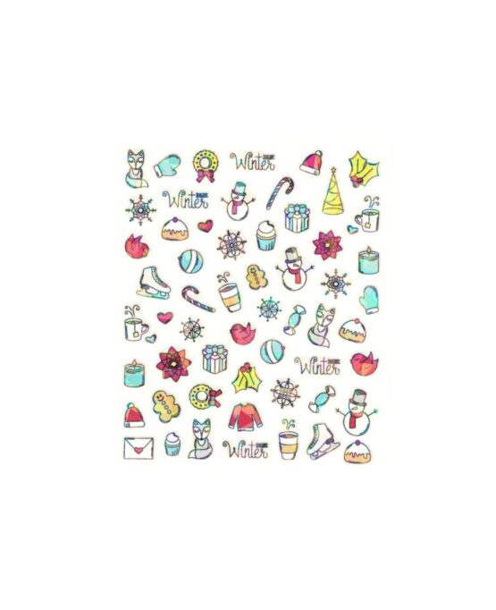 stickers invernali con pupazzi di neve, dolcetti, decori natalizi